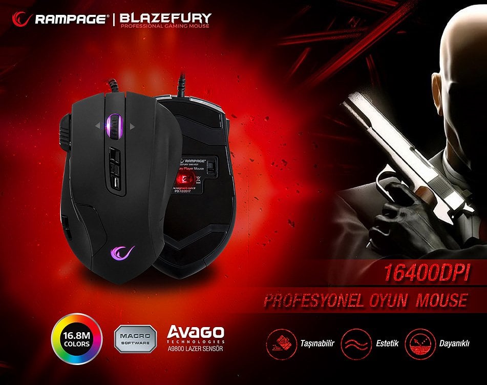 Everest Rampage Blazefury SMX-R37 16400dpi 14 Tuşlu Oyuncu Mouse...Güçlü 16400dpi Avago A9800 Lazer Sensörlü 12 Tuş Makrolu Hızlı 2ms Tepki Süreli 3 Kademeli Keskin Nişancı-Seri Atış Tuşlu Denge Ağırlıklı Rgb Profesyonel Oyuncu Mouse